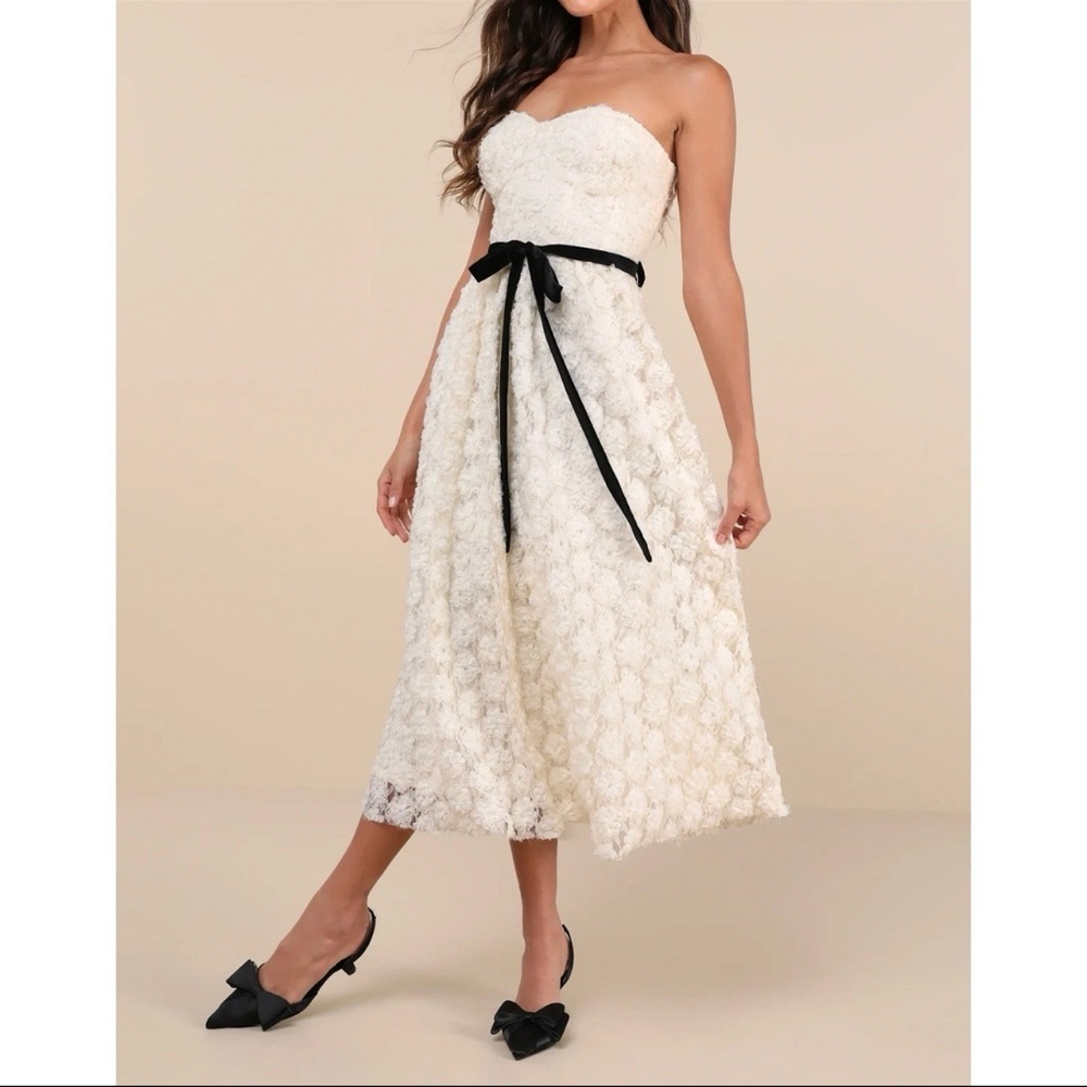 Lulu's Ivory 3D Floral Lace Strapless Midi Dress Formal Prom Wedding Party Gown - Picture 2 of 16